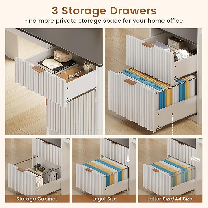 SEDETA 66" Modern L Shaped Desk with Drawers, Fluted Home Office Desk with File Cabinet and Printer Shelf, Wood Executive Desk with Monitor Stand, Led Lights, Power Outlets, White