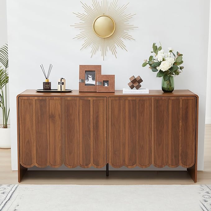 ORRD Sideboard Buffet Cabinet, Accent Storage Cabinets with 4 Doors, Farmhouse Wood Cabinet with Adjustable Shelves and Wave Panel for Living Room, Dining Room, Entry - Walnut