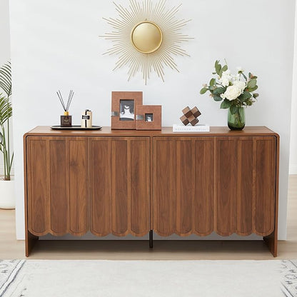 ORRD Sideboard Buffet Cabinet, Accent Storage Cabinets with 4 Doors, Farmhouse Wood Cabinet with Adjustable Shelves and Wave Panel for Living Room, Dining Room, Entry - Walnut