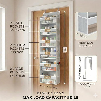 HOMELUX THEORY UPGRADED 6 Tiers Over The Door Organizer Hanging - 100D EXTRA THICK & 50lbs HUGE CAPACITY, 12 Side Mesh Pockets Over The Door Shoe Organizer, Hanging Closet Organizer (Light Gray, 2pc)