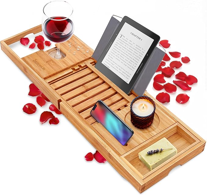SereneLife Premium Bathtub Tray Caddy, Expandable Bath Tray, Unique House Warming Gifts, Gift for Mom, Women, New Home, Wedding, Anniversary, Bridal Shower, Universal Fit for All Tub - Natural