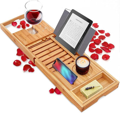 SereneLife Premium Bathtub Tray Caddy, Expandable Bath Tray, Unique House Warming Gifts, Gift for Mom, Women, New Home, Wedding, Anniversary, Bridal Shower, Universal Fit for All Tub - Natural