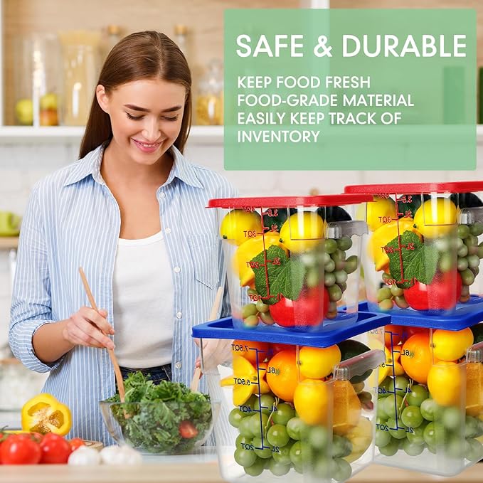 Lallisa 4 Pcs 8 Qt and 4 Qt Clear Food Storage Containers with Lids, Handles and Scales, Commercial Grade Square Containers Polycarbonate Air Tight for Home Storage Kitchen Restaurant(Red, Blue)