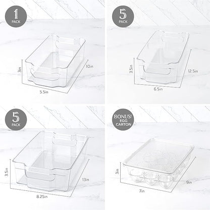 Oizeir Refrigerator Organizer Bins - Clear Plastic, Stackable, Narrow and Wide Bin Sizes, Egg Tray with Lid. Great Storage for Fridge, Cabinets, Countertops and Pantry. (Set of 12)