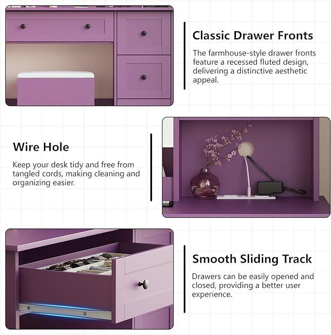 Vanity Desk with Mirror and Lights & Power Outlet, Makeup Vanity Set with Chair & RGB Ambient Light, Girls Vanity Dressing Table with 3 Lighting Modes & Adjustable Brightness for Bedroom, Purple