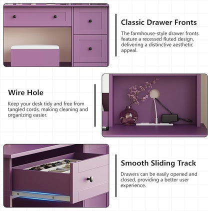 Vanity Desk with Mirror and Lights & Power Outlet, Makeup Vanity Set with Chair & RGB Ambient Light, Girls Vanity Dressing Table with 3 Lighting Modes & Adjustable Brightness for Bedroom, Purple