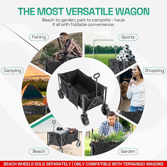 TerrainGO Foldable Utility Wagon Cart with Interchangeable All Terrain Wheels Patent Pending Collapsible Beach Wagon - Camping Essentials with Cooler Pouch, Storage Pockets, and Cup Holders