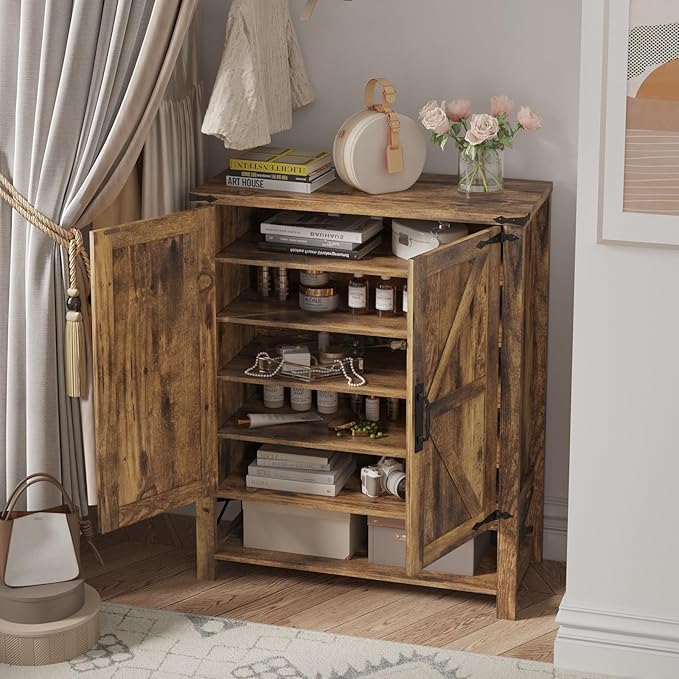 Maupvit 6-Tier Shoe Cabinet with Doors, Farmhouse Shoe Storage Cabinet with Adjustable Shelves, Shoe Shelf, Wooden Shoe Rack Organizer Cabinet for Entryway, Foyer, Hallway, Living Room, Brown