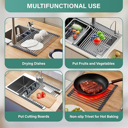 Extra Large Expandable Roll Up Dish Drying Rack,Silicone Wrapped 22.8 x 17.3 in Over The Sink Dish Drying Rack Kitchen Rolling Dish Drainer, Foldable Sink Dish Drainer for Kitchen Counter
