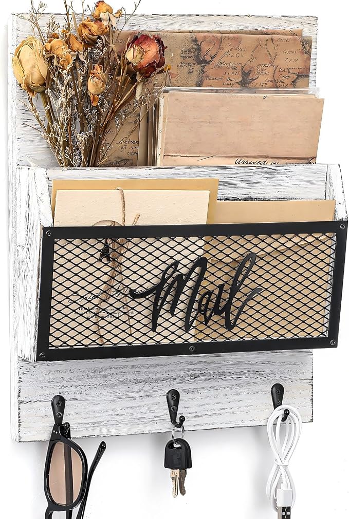 Yalikop Farmhouse Mail Organizer Wall Mounted Rustic Mail Holder Hanging Key Sorter with 3 Hooks Indoor Wooden Wall Mounted, Letter, Magazines, Newspapers, Keys(Classics,White Gray)