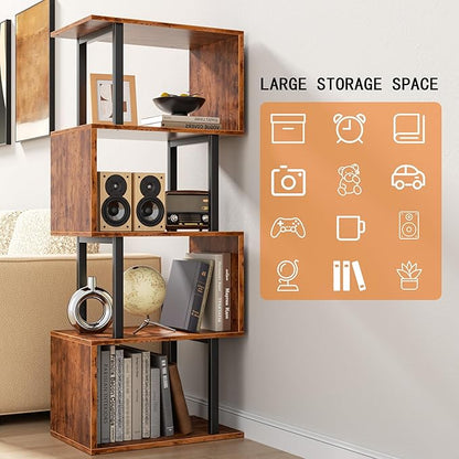 Furologee 5 Tier Bookshelf, S Shaped Geometric Bookcase, Narrow Freestanding Display Shelves, Modern Wood Decorative Storage Rack for Bedroom, Living Room, Home Office, Rustic Brown