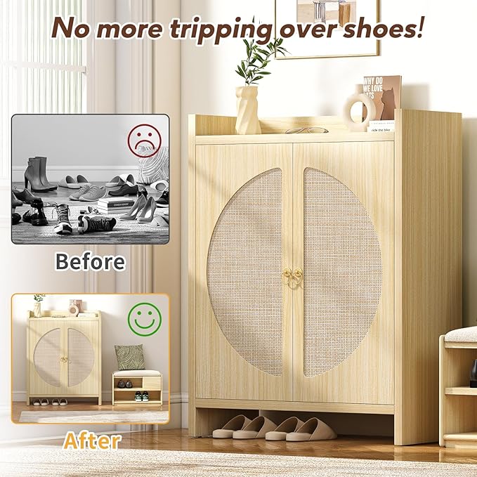 Shoe Cabinet Storage for Entryway - Rattan Entry Way Shoe Storage Cabinet with Adjustable Shelves, Wood Shoe Organizer Cabinet, Accent Cabinet with Doors for Entrance Hallway Living Room Foyer