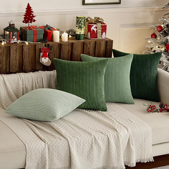 MIULEE Boho Farmhouse Sage Green Throw Pillow Covers 18x18 Inch Set of 4 Mordern Nordic Cushion Covers Soft Corduroy Spring Home Decor for Couch Bed Sofa Living Room Forest Green (Pack of 2)