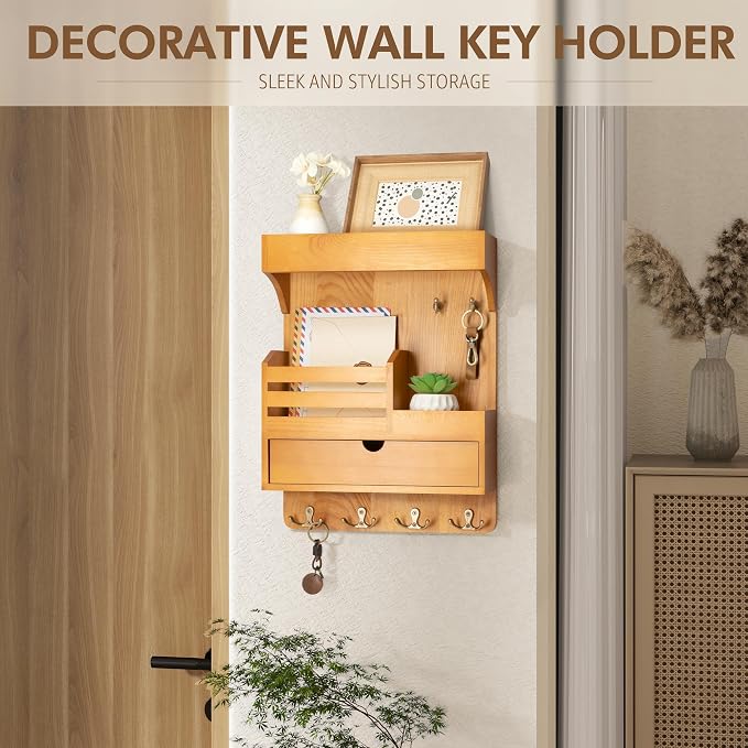 Modern Farmhouse Key Holder Wall Mount with Drawer Organizer – Pine Wooden Mail and Key Organizer with 6 Durable Hooks & Floating Wall Shelf – Ideal for Brightening Up Your Home Decor (Light Brown)