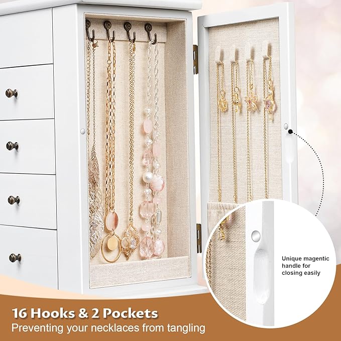 Emfogo Jewelry Box for Women, 5 Layer Large Wood Jewelry Boxes & Organizers for Necklaces Earrings Rings Bracelets, Rustic Jewelry Organizer Box with Drawers and Mirror (Vintage White)
