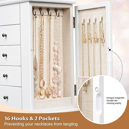 Emfogo Jewelry Box for Women, 5 Layer Large Wood Jewelry Boxes & Organizers for Necklaces Earrings Rings Bracelets, Rustic Jewelry Organizer Box with Drawers and Mirror (Vintage White)