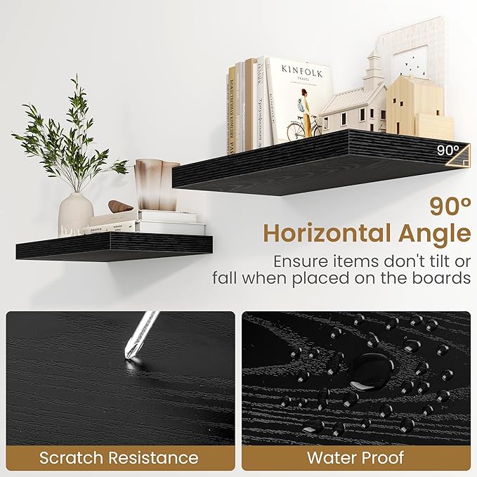 Fun Memories Black Floating Shelves 24 Inch Long, 9.3 Inch Deep Floating Shelf for Lving Room, Bedoom, Kitchen, Deep Wall Shelves for Bathroom, 2 Pack Storage Display Shelf for Books, Decors
