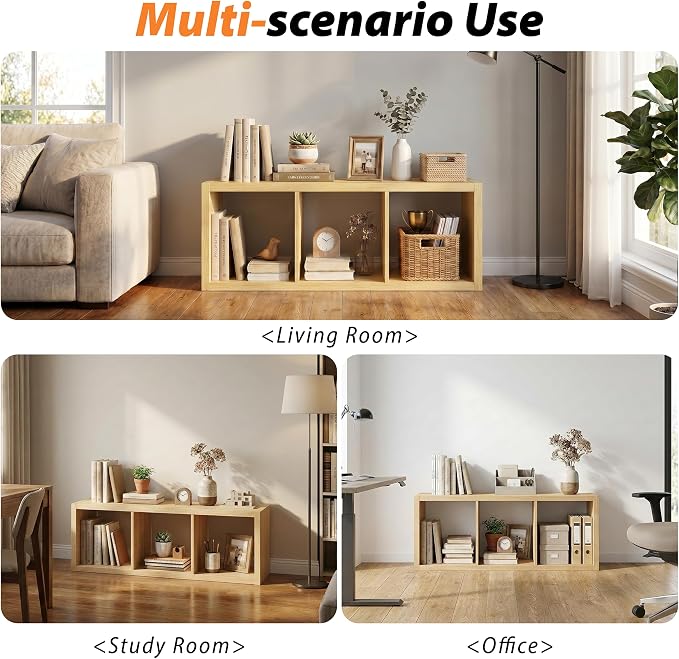 WannabeMyself【2026 Wooden Thick Frame】 3 Cube Storage Organizer with Anti-Tipping Kits, Reversible Open Back Book Shelf,Bookcase for Living Room,Bedroom,Entrance Hall,Office,11.6×36.3×13.1,Oak Color
