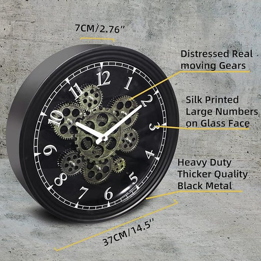 CLXEAST 15 Inch Real Moving Gear Wall Clock, Vintage Industrial Steampunk Metal Wall Clocks for Living Room Decor,Kitchen, Home Office,House Warming Gifts New Home
