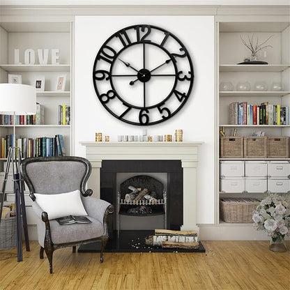 CLXEAST 24 Inch Wall Clocks for Living Room Decor, Large Black Metal Wall Clock Battery Operated, Silent/Non Ticking, Regular Arabic Numeral