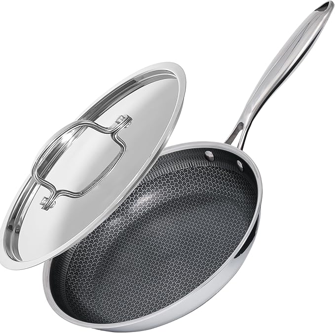 Non Stick Frying Pan 10 Inch with Stainless Steel Lid, Hybrid Nonstick Stainless Steel Skillet Frying Pan, Dishwasher and Oven-Safe Chef Pan, Induction Compatible Cooking Pan, PFOA Free Cookware