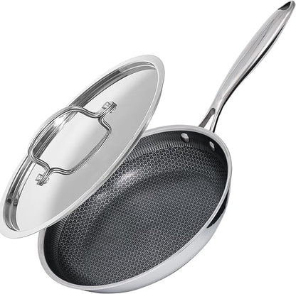 Non Stick Frying Pan 10 Inch with Stainless Steel Lid, Hybrid Nonstick Stainless Steel Skillet Frying Pan, Dishwasher and Oven-Safe Chef Pan, Induction Compatible Cooking Pan, PFOA Free Cookware