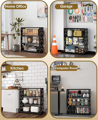 METALOONG Book Shelf, 3-Tier Adjustable Bookcase with Anti-Tip Kit & Leveling Feet, Heavy-Duty Metal Storage Organizer, Modern Corner Shelves for Kitchen, Garage, Home Office - Black