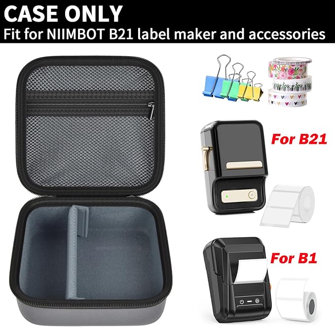 ALKOO Case Compatible with NIIMBOT B21 / B1 Label Maker Wireless Thermal Label Printer, Holder for Inkless Label Maker & Labeling Tapes Refills, with Mesh Pocket for Cable Accessories (Grey)