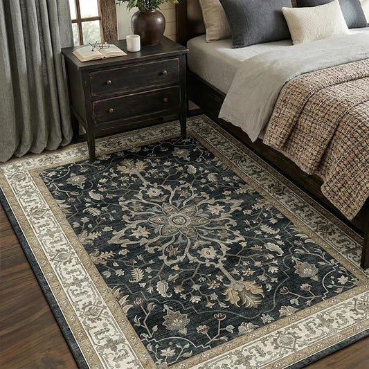 RELEANY Area Rugs 5'x7' Washable Non-Slip, Floral Vintage Distress Medallion Carpet for Living Room Bedroom Dining Room, Vintage Black Brown Neutral