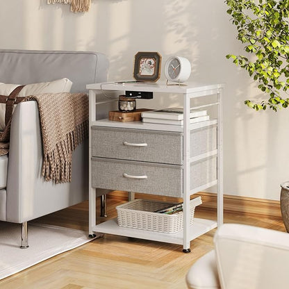 AODK Night Stand with Charging Station and LED Lights, 27.6 Inch Bed Side Table with 2 Drawers and Open Shelf, Bedside Table for Bedroom, Living Room, White & Light Grey