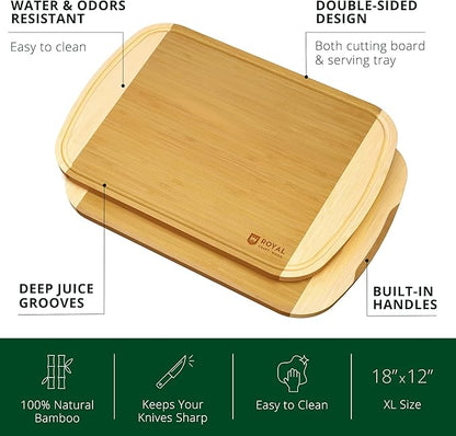 ROYAL CRAFT WOOD Wooden Cutting Boards for Kitchen Meal Prep & Serving - Bamboo Wood Serving Board Set with Deep Juice Groove Side Handles - Charcuterie & Chopping Butcher Block for Meat