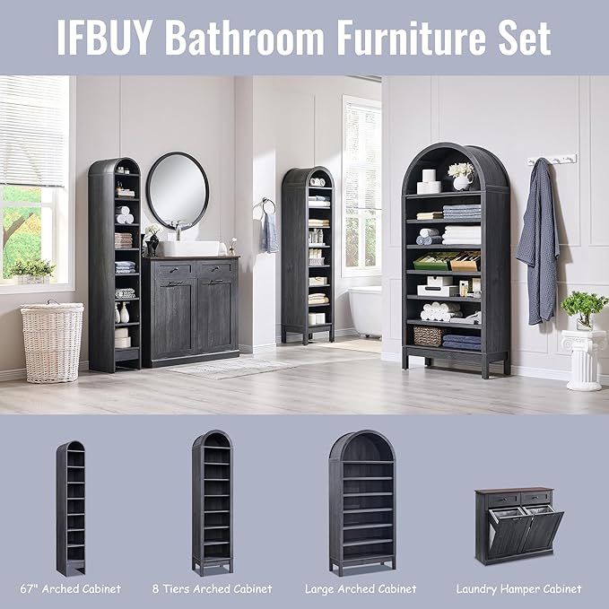 71" Tall Arched Bathroom Storage Cabinet, 8-Tier Modern Farmhouse Storage Cabinet with Adjustable Shelves, Wood Freestanding Cabinet for Bathroom, Living Room, Entryway, Hallway (Dark Grey)