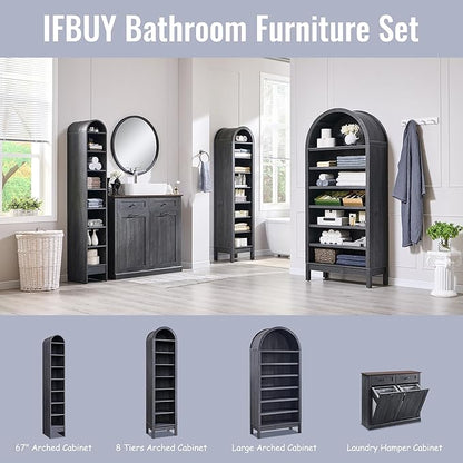 71" Tall Arched Bathroom Storage Cabinet, 8-Tier Modern Farmhouse Storage Cabinet with Adjustable Shelves, Wood Freestanding Cabinet for Bathroom, Living Room, Entryway, Hallway (Dark Grey)