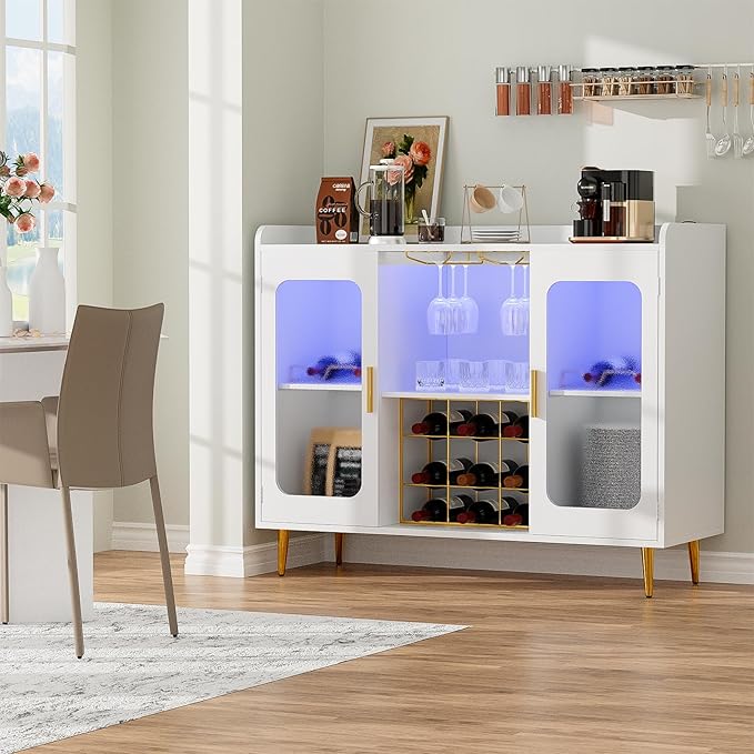 Liquor Cabinet Bar with Power Outlet and LED Light, Wine Bar Cabinet with Wine and Glasses Rack, Home Coffee Bar Cabinet, Buffet Sideboard with Storage Shelf for Kitchen, Dining Room, White