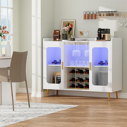 Liquor Cabinet Bar with Power Outlet and LED Light, Wine Bar Cabinet with Wine and Glasses Rack, Home Coffee Bar Cabinet, Buffet Sideboard with Storage Shelf for Kitchen, Dining Room, White