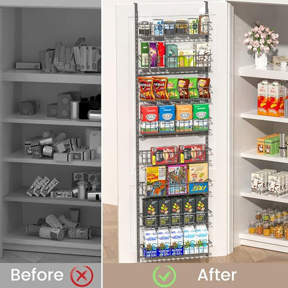ElegantArray 8-Tier Pantry Door Oragnizer, Over The Door Pantry Organizer Rack and Storage, Hanging Spice Rack Shelves Door, Home Office Laundry Room Bathroom & Kitchen Organization, Deep Gray