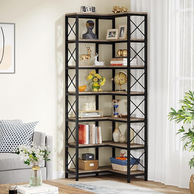 Tribesigns 7-Shelf Corner Bookshelf,Large Modern Corner Bookcase, 7-Tier Tall Corner Shelf Storage Display Rack with Metal Frame for Living Room Home Office (Grey)