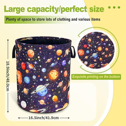 Planet Laundry Basket Funny Space Galaxy Foldable Waterproof Oxford Cloth Tote Bag Laundry Hamper Round Large Clothes Storage Bucket Toy Organizer For Bathroom/Laundry Storage/Bedroom 18.9x16.5 Inch