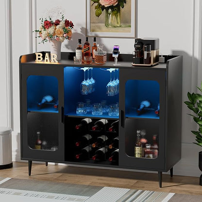 Liquor Cabinet Bar with Power Outlet and LED Light, Wine Bar Cabinet with Wine and Glasses Rack, Home Coffee Bar Cabinet, Buffet Sideboard with Storage Shelf for Kitchen, Dining Room, Black