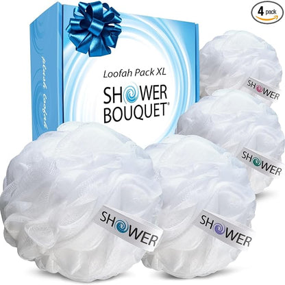 SHOWER BOUQUET Loofah Soft-White-Cloud XL Bath-Sponge 4-Pack // Extra Large 75g Mesh Loofa Lufa Pouf Set for Men and Women - Exfoliate with Big Gentle Cleanse Scrubber in Beauty Bathing Accessories