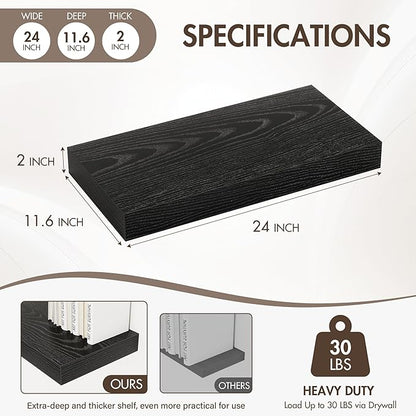 Acovy 24 Inch Floating Shelves, 12" Deep Floating Shelf Wall Mounted, 24" Wall Shelves, Rustic Deep Bookshelf, Extra Deeper & Thicker Display Shelves for Bedroom, Living Room, Black, Set of 2