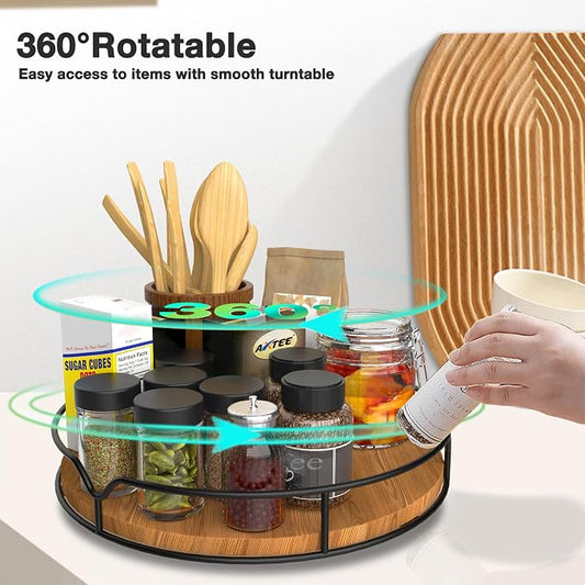 Lazy Susan Turntable Organizer for Cabinet Pantry Kitchen Countertop Refrigerator Cupboard, Pine Wood, 9", Carbonized Black