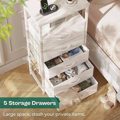 Huuger White Dresser with 5 Drawers & Charging Station, Tall Dresser for Bedroom, Tall Night Stand with PU Leather Finish, Open Shelf, Nightstand for Bedroom, Closet, Hallway, Entryway