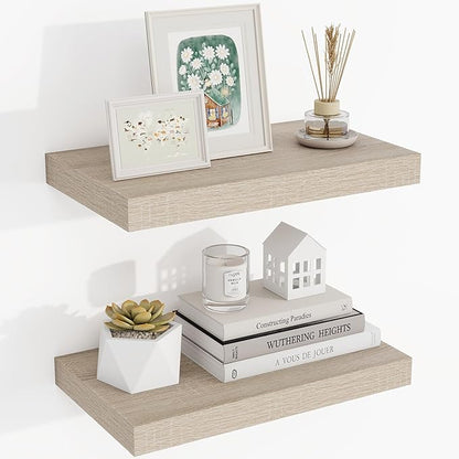 Acovy 16 Inch Floating Shelves, 3D Textured Wood Grain, 16"x9.25"x1.5" Inch Deep Floating Shelves for Wall, Wooden Shelves for Bathroom, Bedroom, Living Room, Vintage White Oak, 2 Pieces