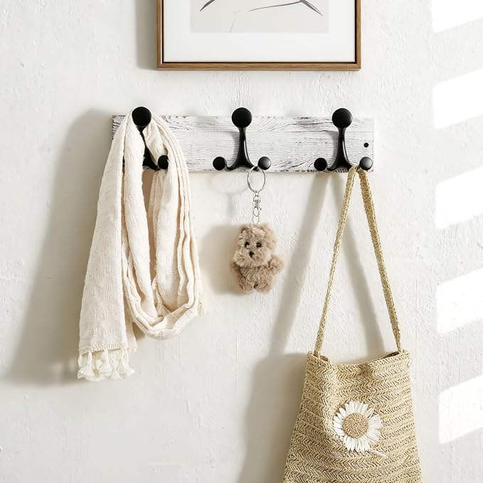 SKOLOO 17-Inch Wood Coat Rack Wall Mount with 3 Triple Hooks - Ideal for Family Entrances, Classrooms, and Pet Supplies Storage - Perfect Coat Hooks for Wall,Distressed White Wash