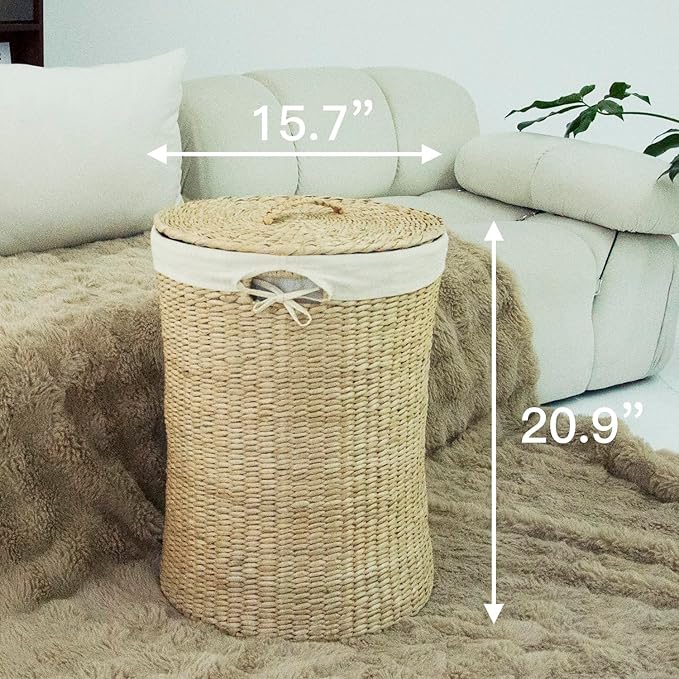Furnnylane Hand Woven Laundry Basket with Lid,21-Inch Laundry Hamper with Removable Liner for Laundry and Elegant Storage,Natural