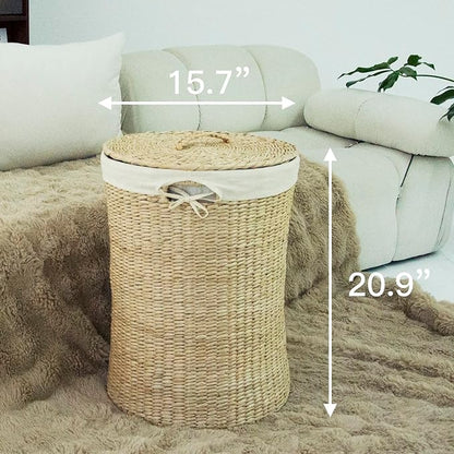 Furnnylane Hand Woven Laundry Basket with Lid,21-Inch Laundry Hamper with Removable Liner for Laundry and Elegant Storage,Natural