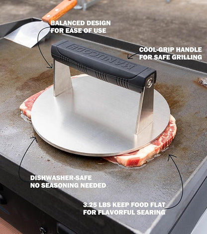 Stainless Steel Burger Smasher 3.25 LB – 8 Inch Steak Weight for Smash Burgers, Bacon, Sandwiches | Dishwasher Safe, Preheatable Protein Press with Silicone Handle | Commercial BBQ Tool