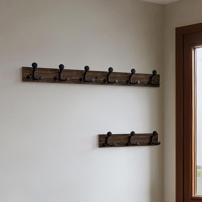 SKOLOO 36-Inch Wood Burnt Coat Rack Wall Mount with 6 Triple Hooks - Ideal for Family Entrances, Classrooms, and Pet Supplies Storage - Perfect Coat Hooks for Wall, Pack of 2