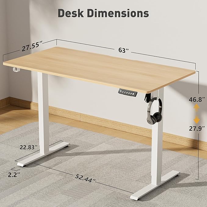 63 x 28 Inch Electric Standing Desk Adjustable Height, Sit Stand Desk, Stand up Desk for Home Office, Computer Workstation (Spliced Desktop,Oak)